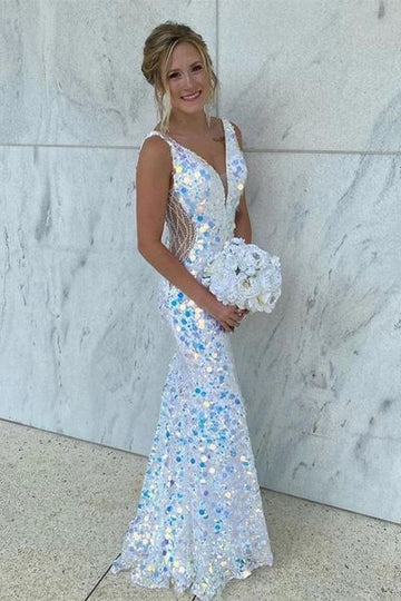 Sparkle white sequin prom dresses mermaid evening dress,v back prom dress HZ1023